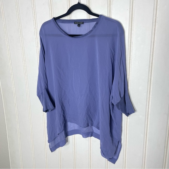 Eileen Fisher Silk Georgette Flowy Blue Sheer Top Sz M 283 - Picture 3 of 7